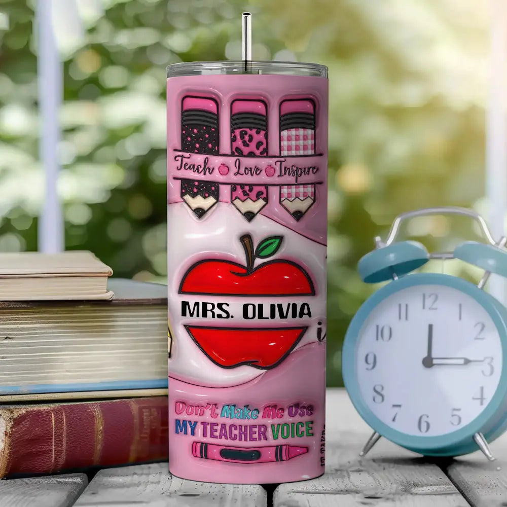 Personalized 3D Apple Pencil Design 20oz Skinny Tumbler Lid and Straw Back to School Gift for Teacher