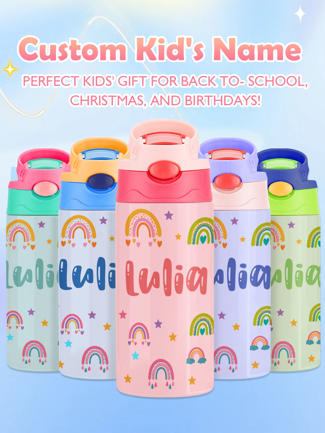 Custom Name Rainbow Stainless Steel Water Cup Children's Day Gift for Kids