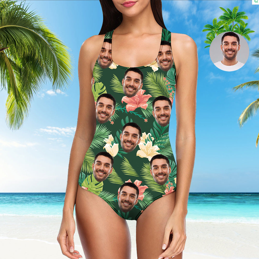 Custom Face Swimwear One Piece Swimsuit Tropical Style