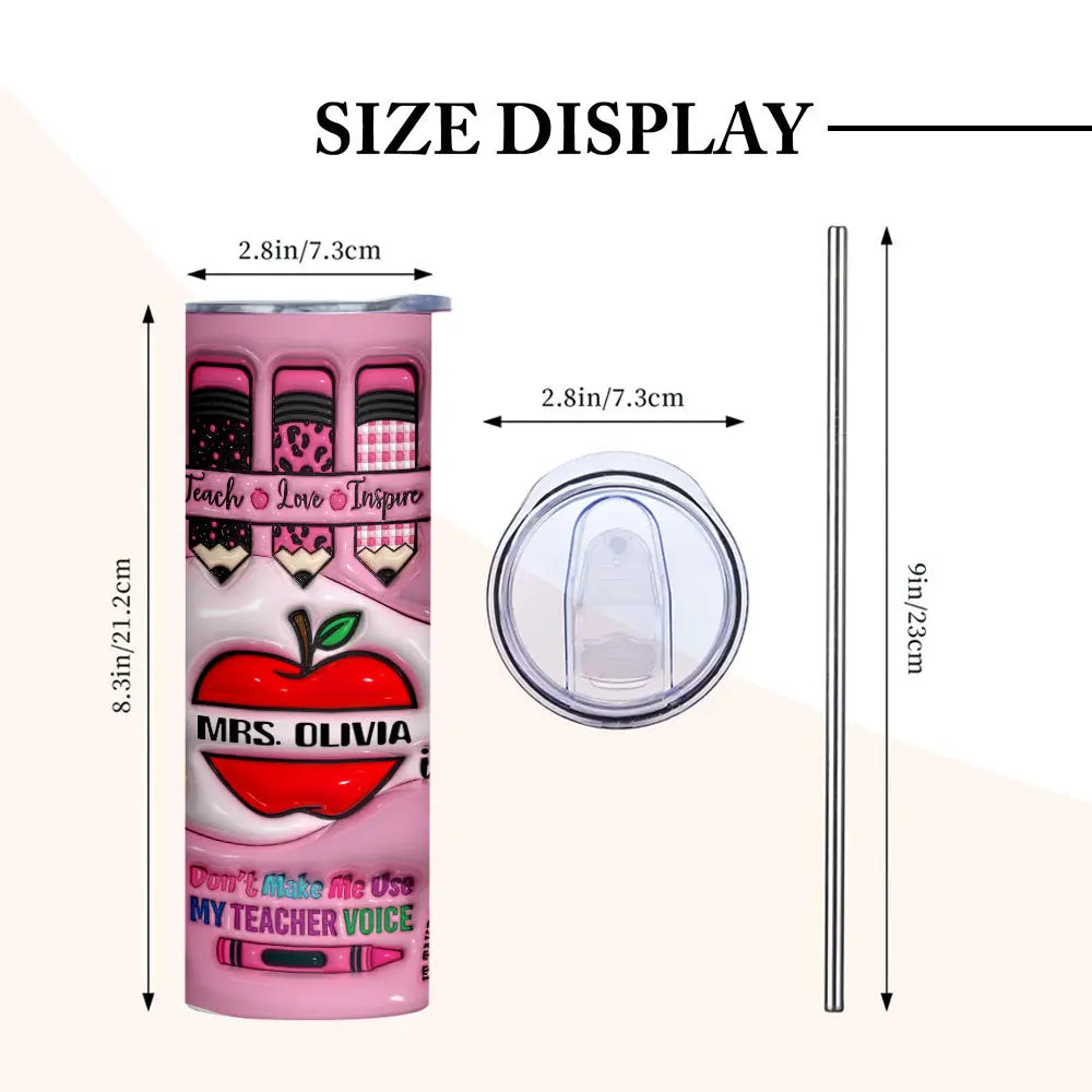 Personalized 3D Apple Pencil Design 20oz Skinny Tumbler Lid and Straw Back to School Gift for Teacher