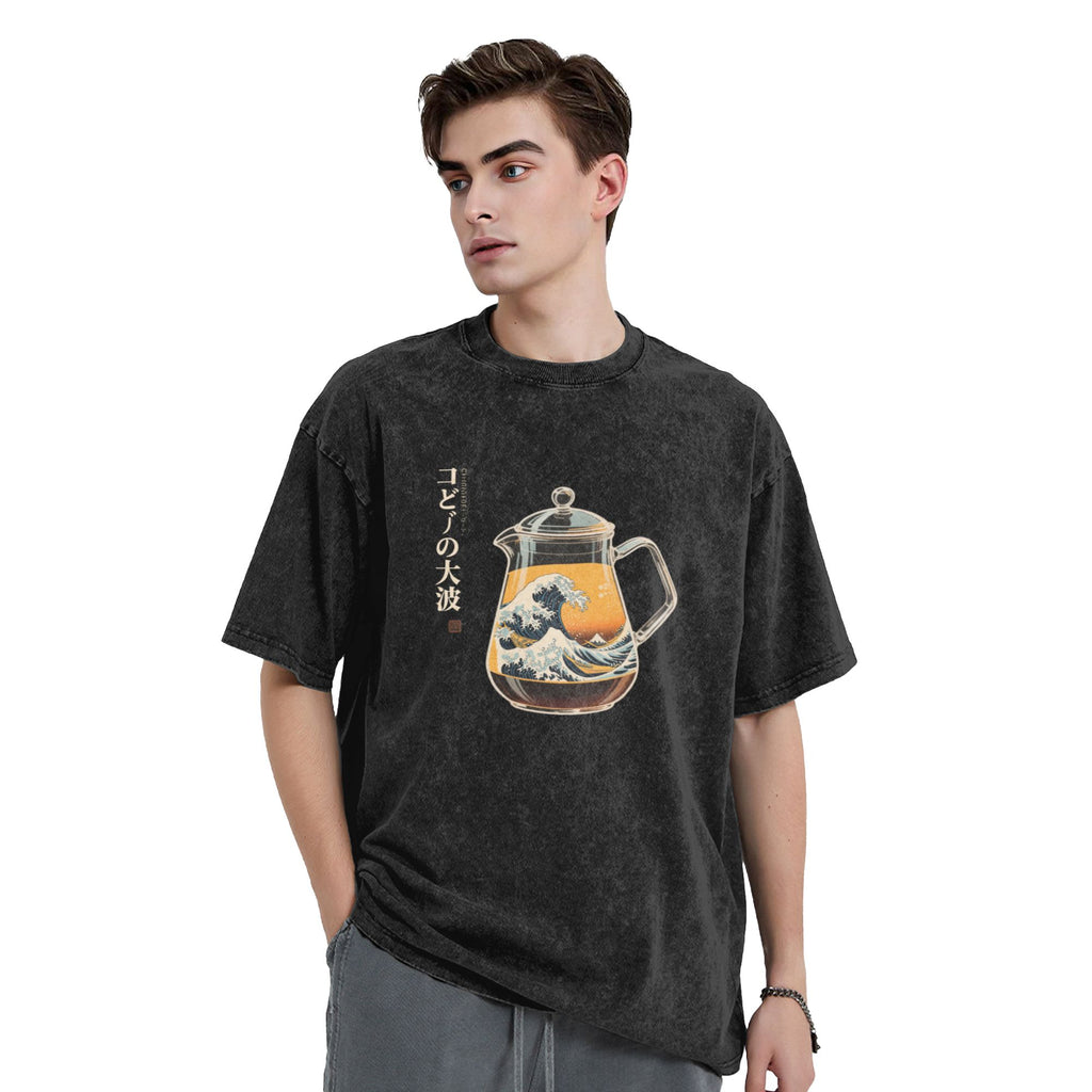 The Great Wave in the Teapot  Washed process T - shirt| Printed T - shirt
