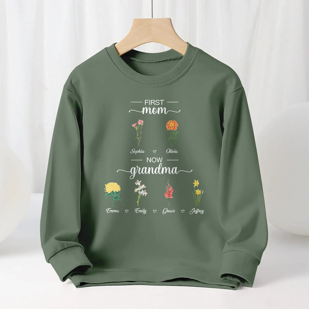 Personalized First Mom Now Grandma Sweatshirt Custom Birth Flowers Sweatshirts for Mother's Day Gift