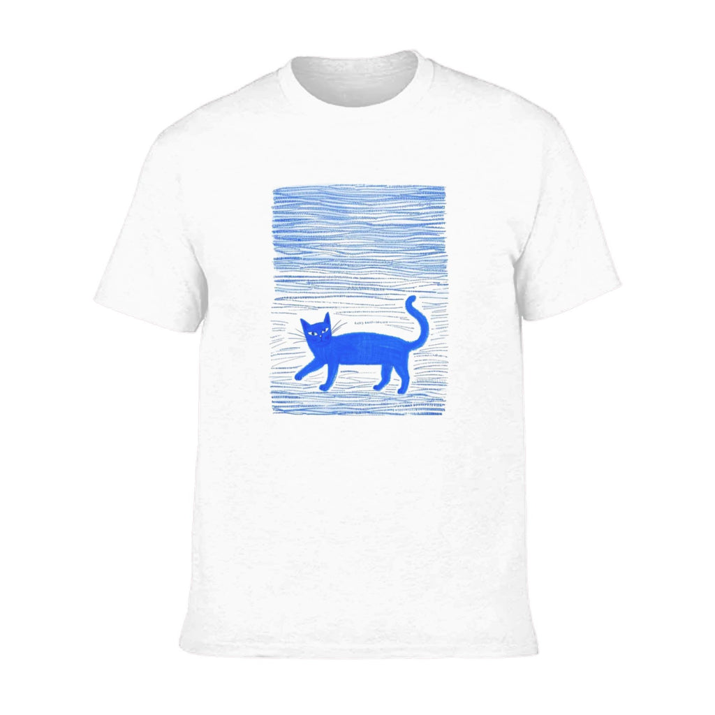 Blue Cat on Wave Lines t-shirt -Chinese artist: LinGuo