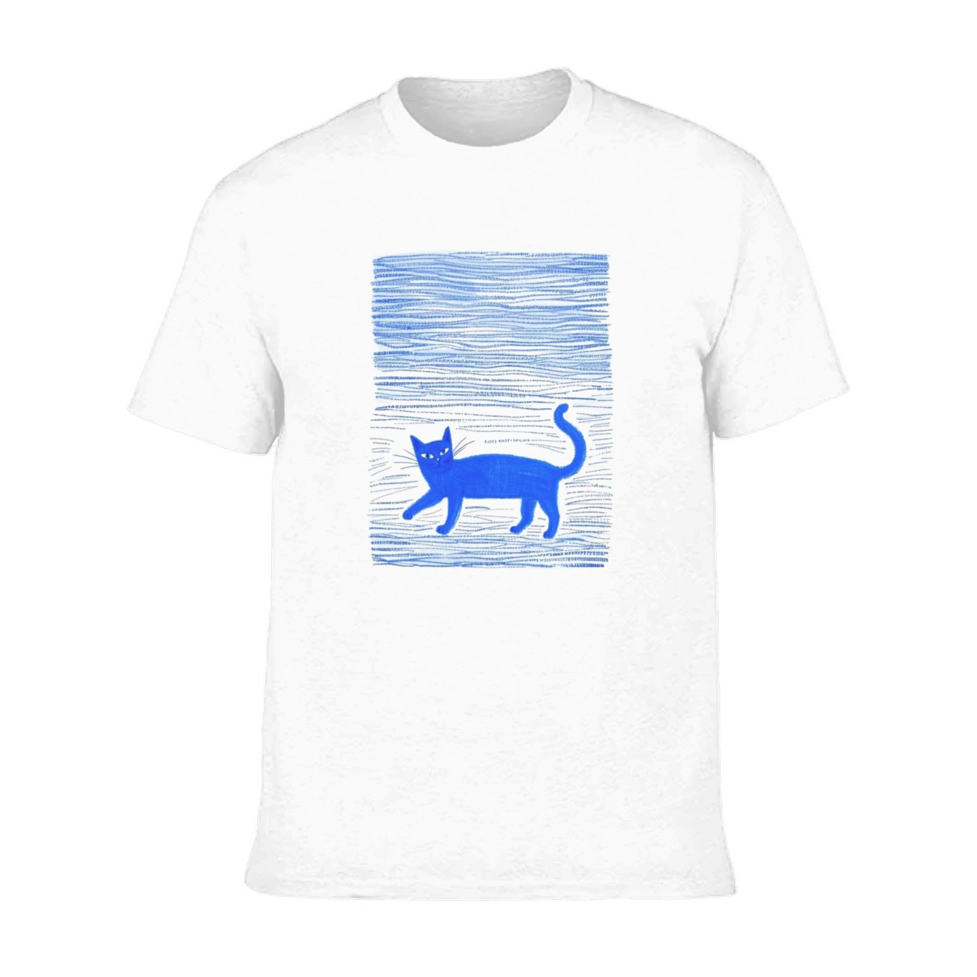 Blue Cat on Wave Lines t-shirt -Chinese artist: LinGuo