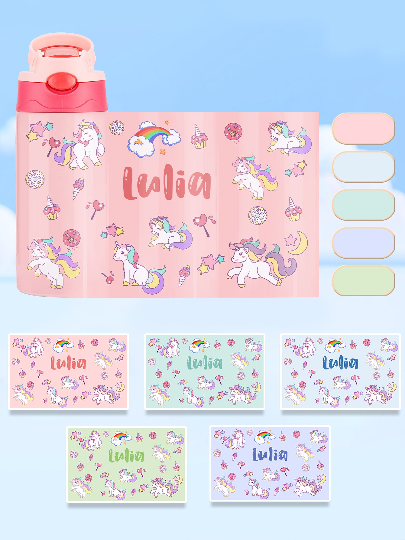 Custom Name Rainbow Unicorn Stainless Steel Water Cup Children's Day Gift for Kids