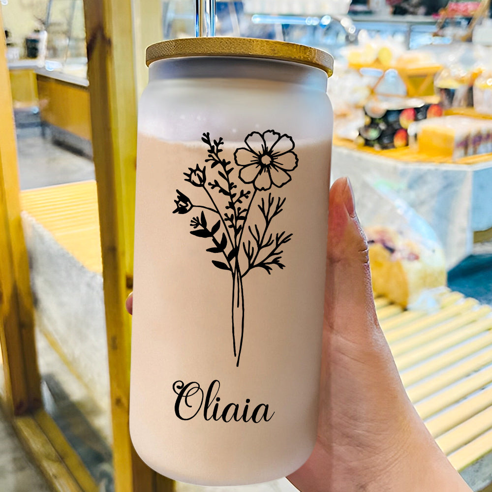 Personalized Name Frosted Can Glass with Birth Flower Custom Can Glass with Straw Gift for Mother Friends Family Bridesmaid