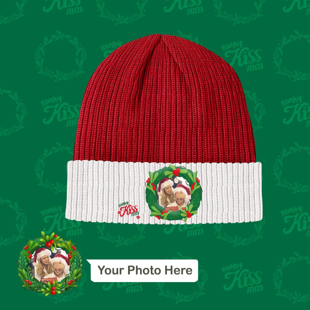Custom Photo Christmas Beanie Hat Unisex Knitted Hat Winter Warm Hat for Christmas Gift Kissing Under the Mistletoe Hat