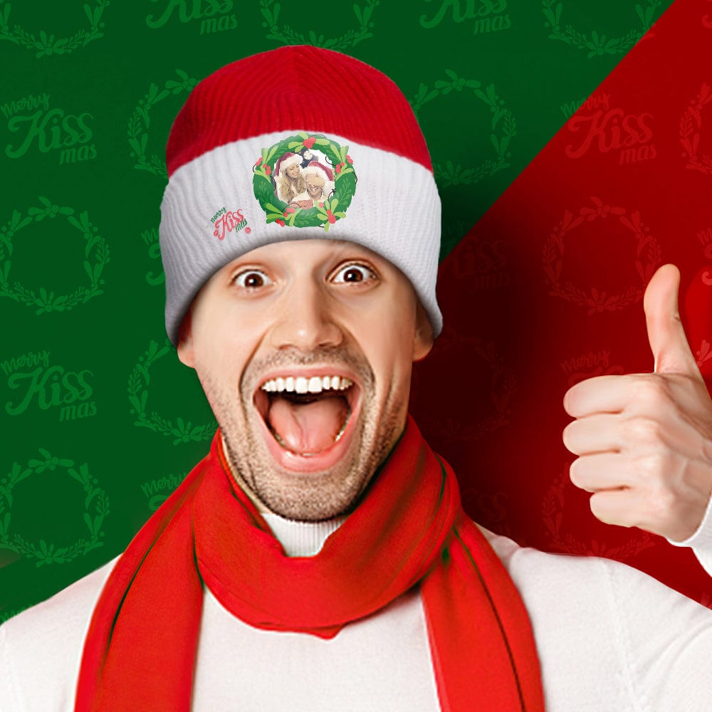 Custom Photo Christmas Beanie Hat Unisex Knitted Hat Winter Warm Hat for Christmas Gift Kissing Under the Mistletoe Hat