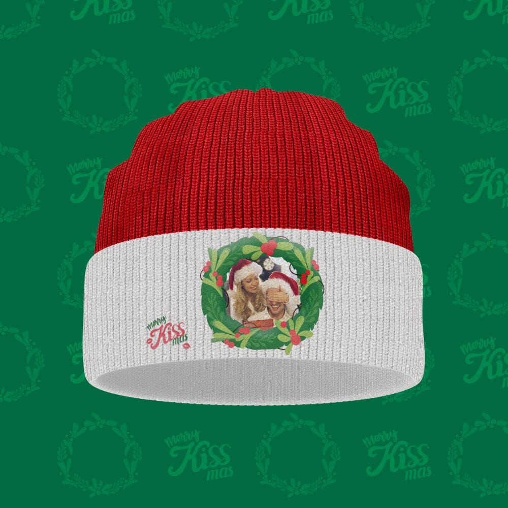 Custom Photo Christmas Beanie Hat Unisex Knitted Hat Winter Warm Hat for Christmas Gift Kissing Under the Mistletoe Hat
