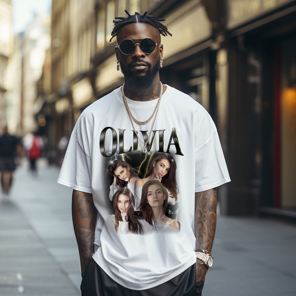 Custom Photo Vintage Tee Personalized Name T-shirt Couple Gifts White