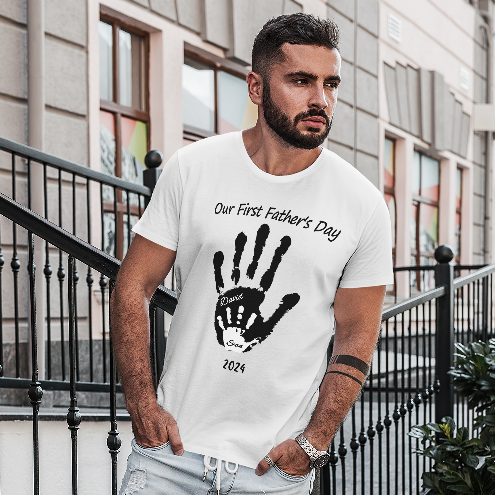 Personalized Our First Father’s Day Handprint Father T-Shirt Gift for Dad