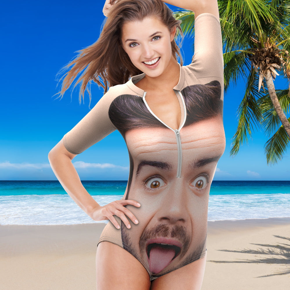 Custom Face Half Sleeve Swimsuit One Piece Swimwear Personalized Funny Women's Half Sleeve Swimsuit