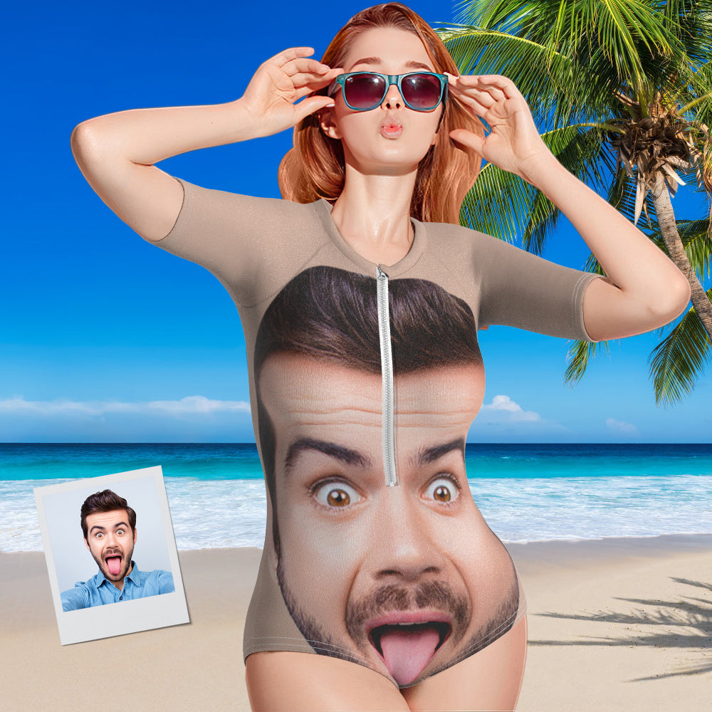 Custom Face Half Sleeve Swimsuit One Piece Swimwear Personalized Funny Women's Half Sleeve Swimsuit