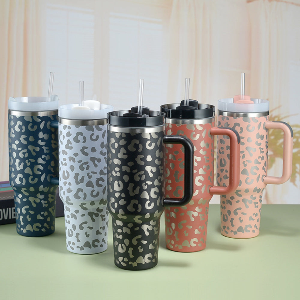 40oz Insulated Mug with Handle and Straw Colorful Leopard Pattern Stainless Steel Travel Cup Gift for Family Friends Couples
