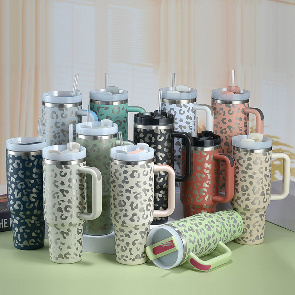 40oz Insulated Mug with Handle and Straw Colorful Leopard Pattern Stainless Steel Travel Cup Gift for Family Friends Couples